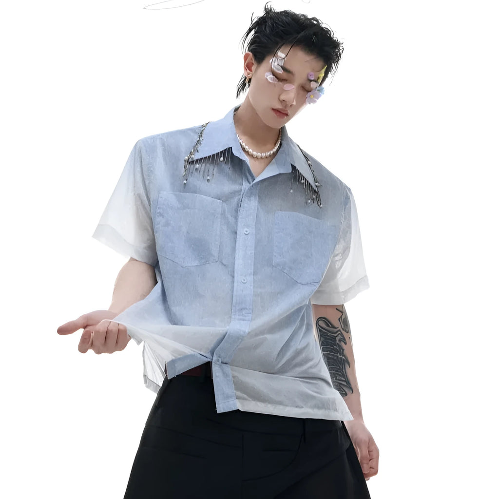 Blue gradient casual short sleeve shirt with half sleeves and loose fit