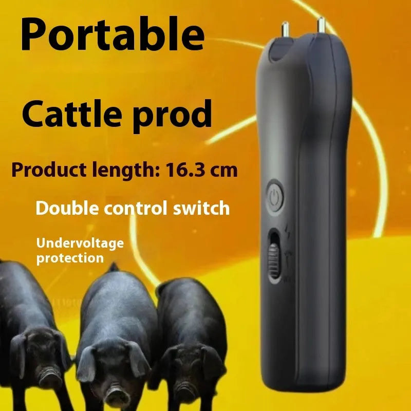Electric livestock driving device black colour 17.6W 180x125x65mm next to animal on farm