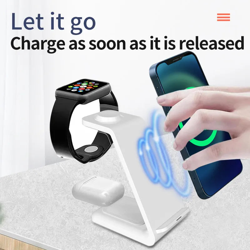 3-in-1 upright wireless phone charger with dual coil technology and QC3.0 fast charging