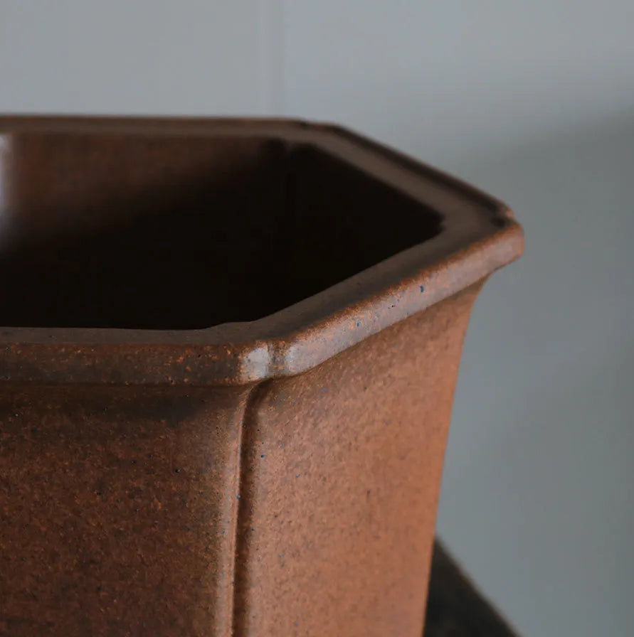 Antique-style hexagonal ceramic orchid bonsai pot with purple sand craft, classical design, squared off hexagon colour.
