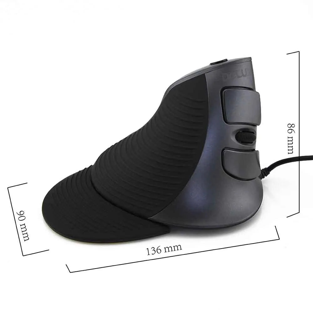 Ergonomic vertical computer mouse in black with wired USB connection showing handshake positioning