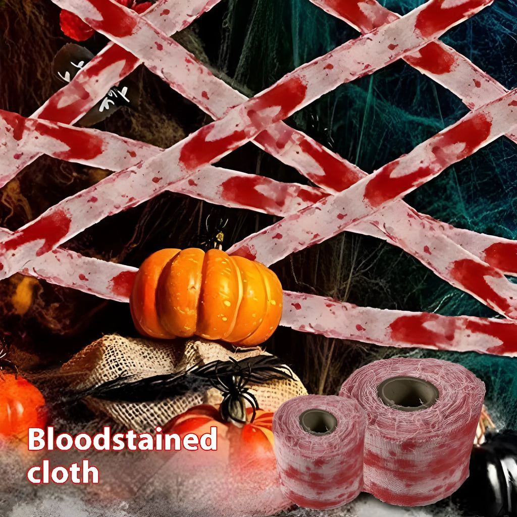 A roll of 8cm wide bloody red polyester Halloween bandage for costume wrapping.