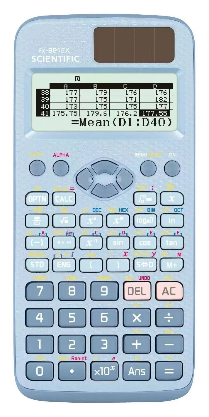 991EX multi-functional scientific calculator in black, blue, or pink with solar panel.