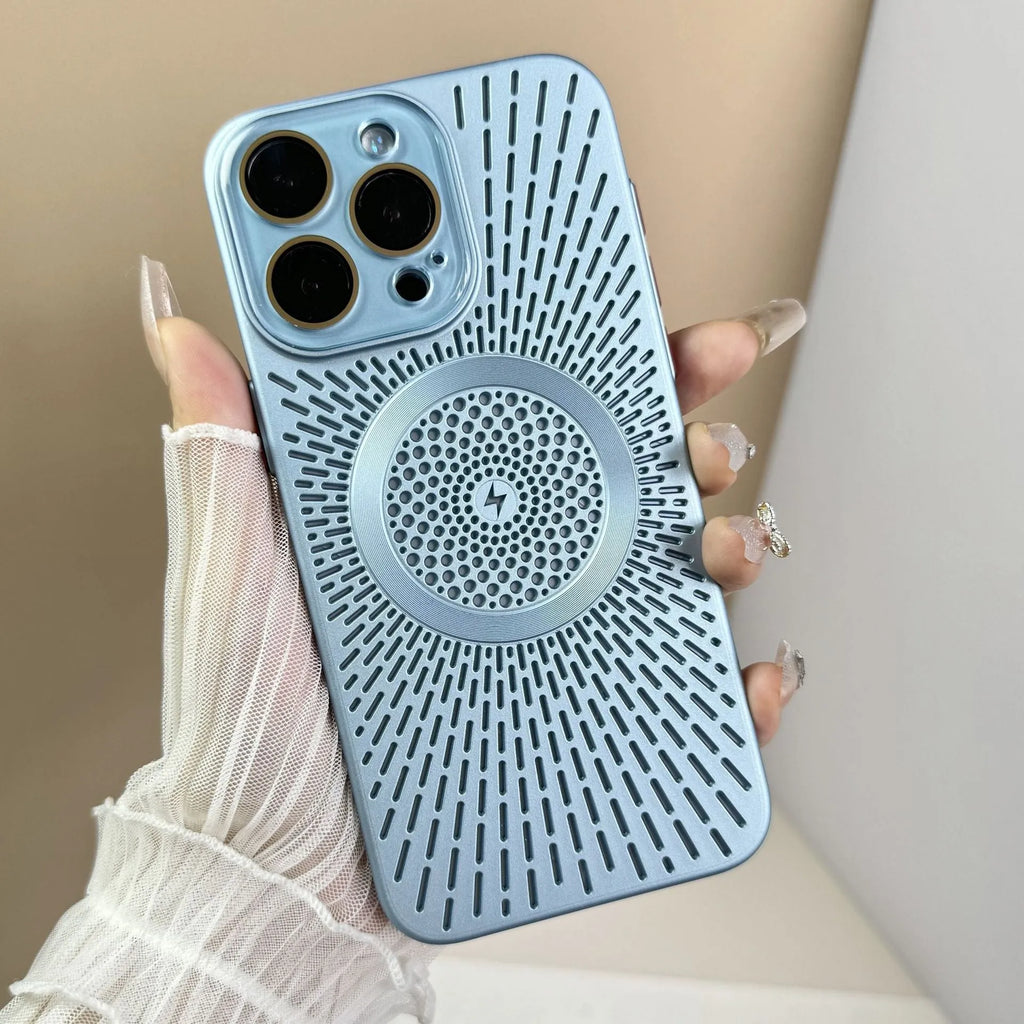 Hollow PC phone case with heat dissipation network and magnetic charging for iPhone, in platinum silver