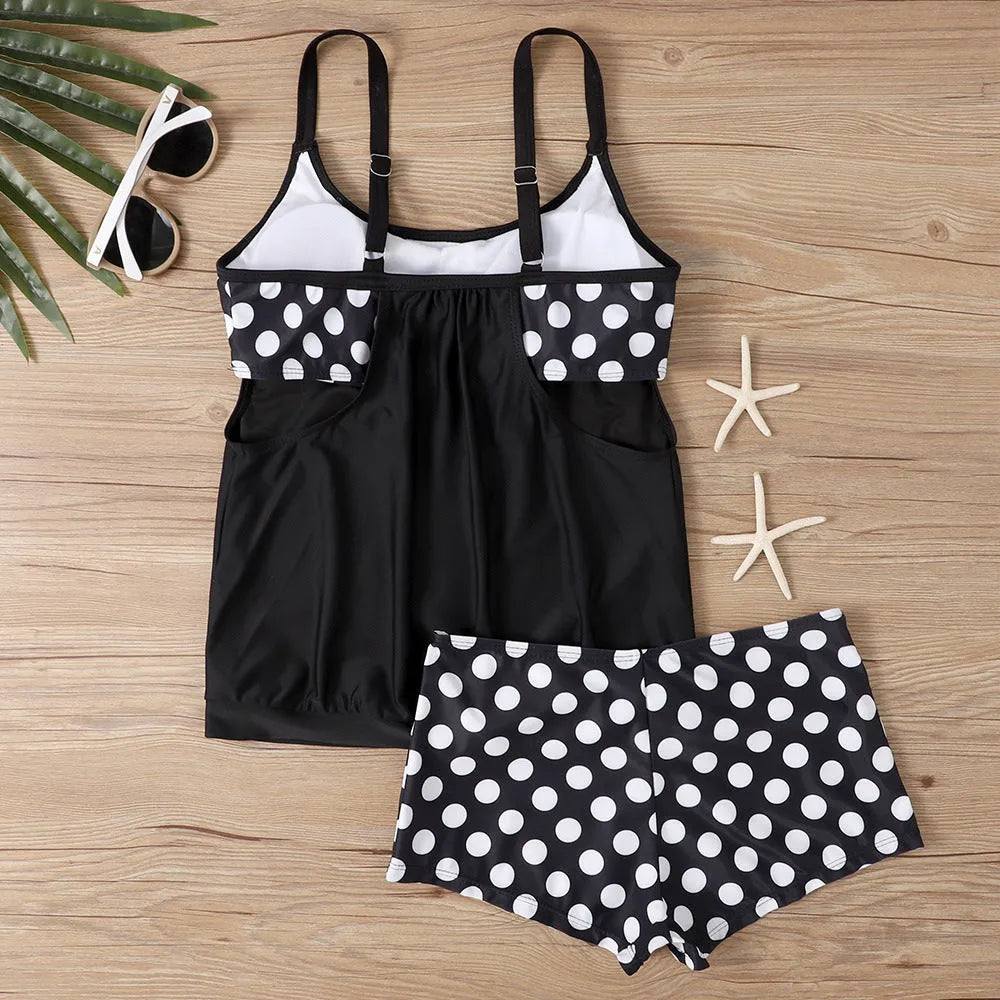 Women's high-waisted polka dot swimsuit briefs in black, red, light blue and dark blue colours