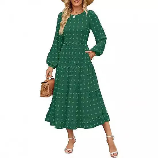 Women's beige long sleeve casual dress with ruffled sleeves and a high waist.