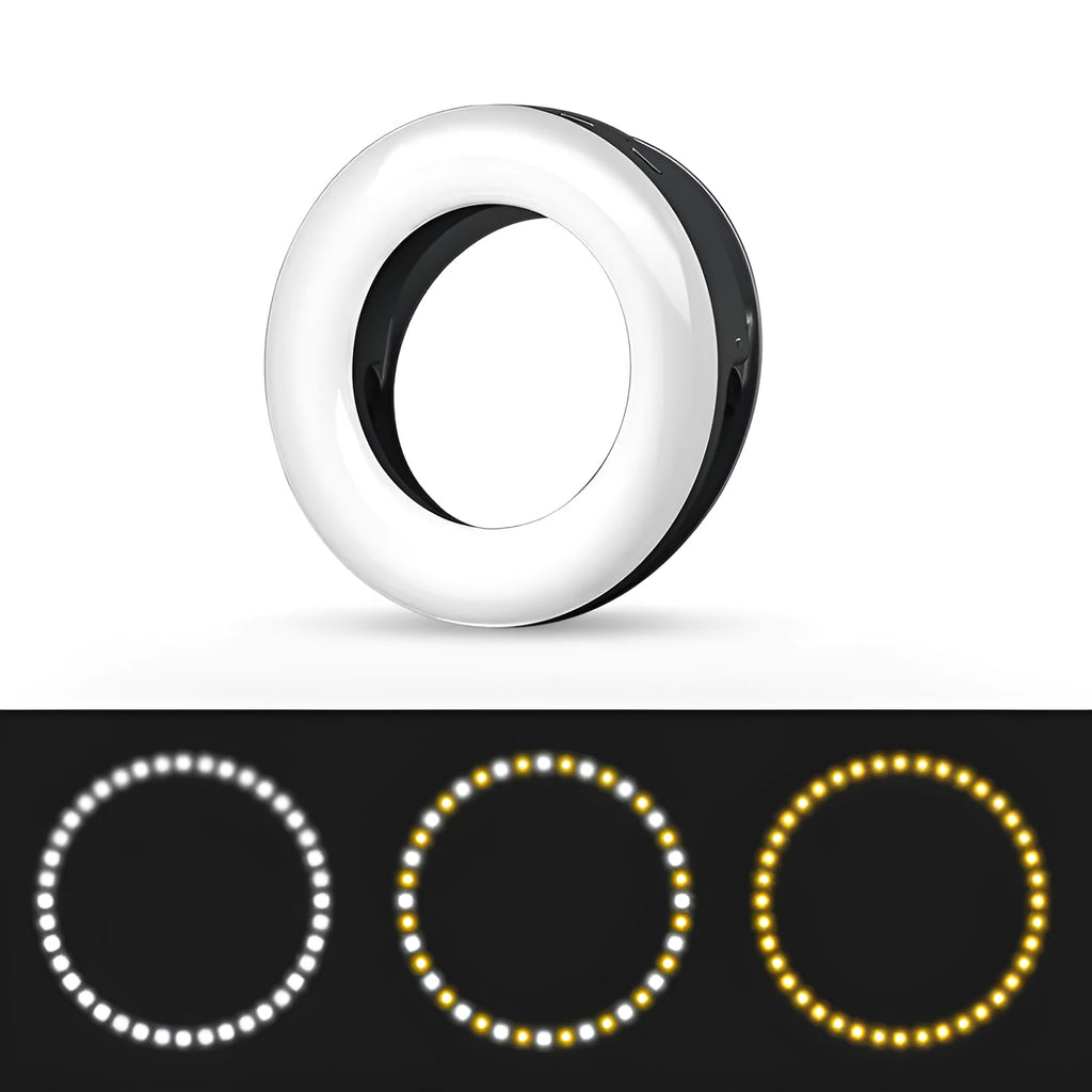 Black USB-rechargeable selfie ring light for mobile phone photography with adjustable brightness