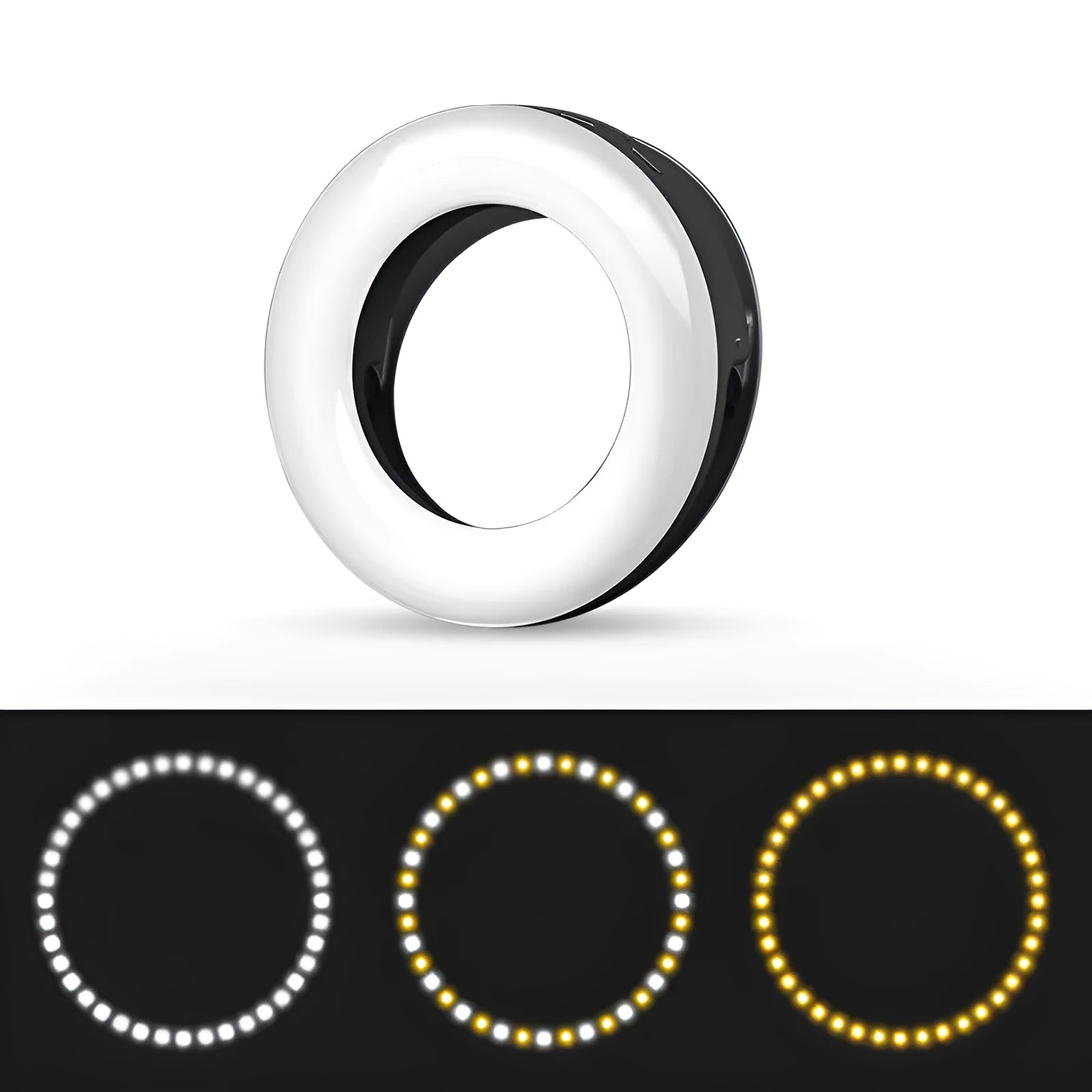 Black USB-rechargeable selfie ring light for mobile phone photography with adjustable brightness