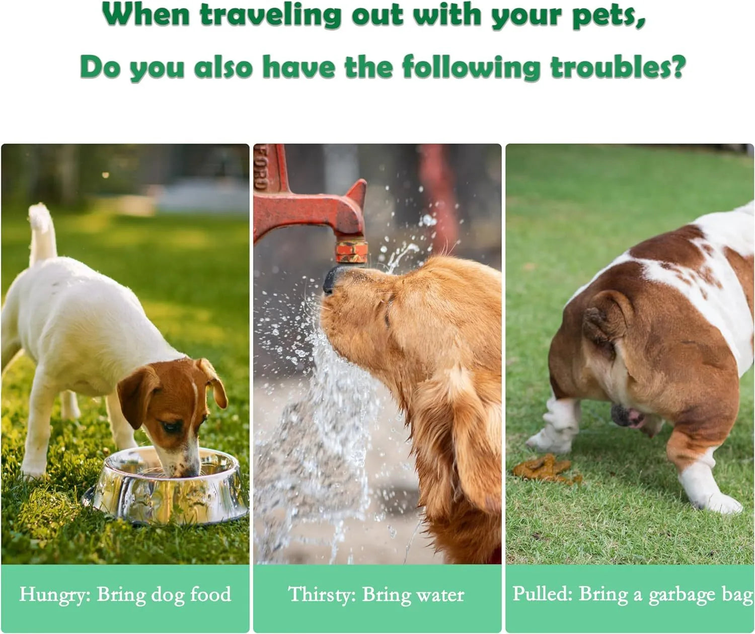 Green 3-in-1 portable pet water bottle with water dispenser, food container, and garbage bag compartment