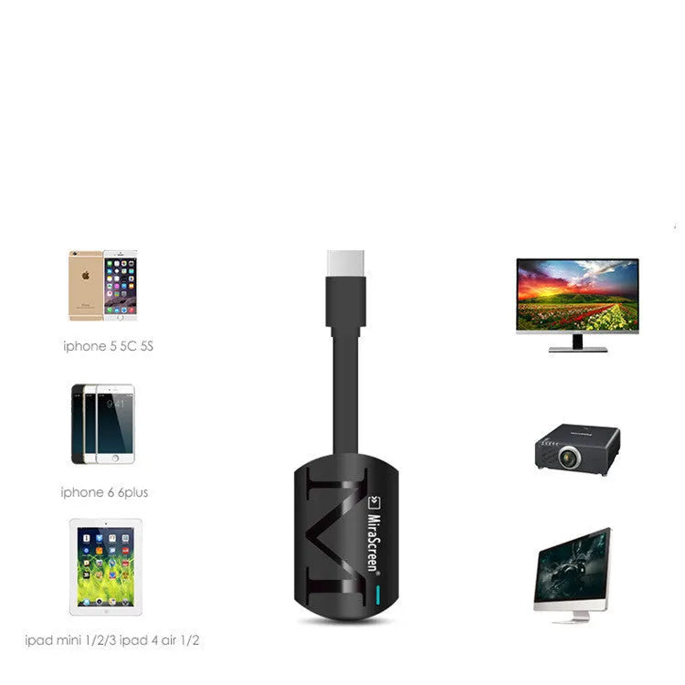 Black smart phone to TV HDMI dongle for wireless screen mirroring, 52mm by 26mm.