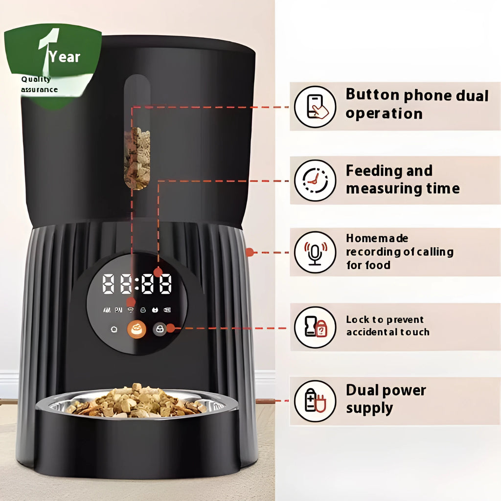 Black and white automatic intelligent pet feeder with digital display and food bowl.