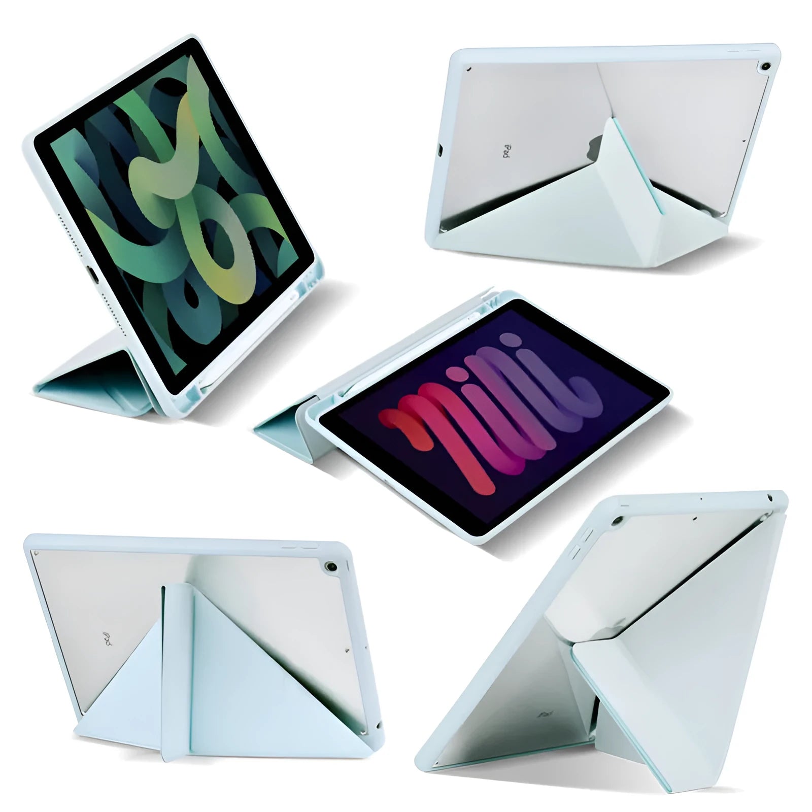 iPad leather case with Y-fold stand in dark grey showing shockproof protection and anti-fingerprint finish