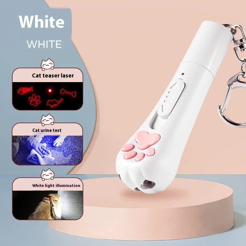 Handheld cat teaser toy with pen light feature in cream white, pink or blue colour options.