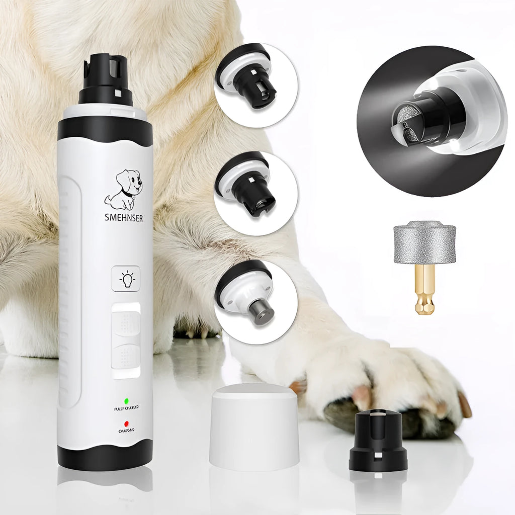 White electric pet nail trimmer with LED indicator light and dust collection chamber for dogs