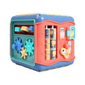 Colourful six-sided Montessori educational toy cube with bead maze, gears, and shape sorting activities