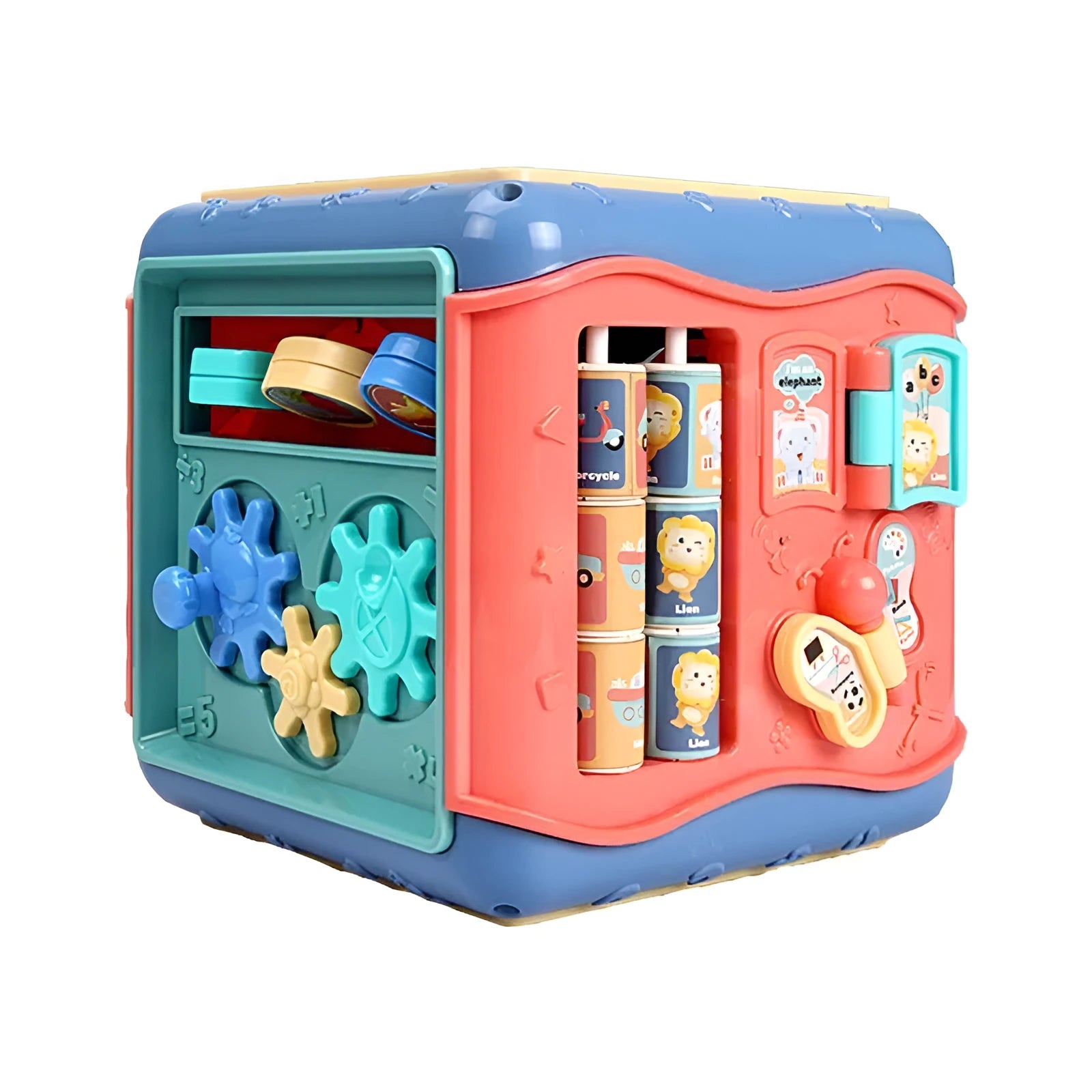 Colourful six-sided Montessori educational toy cube with bead maze, gears, and shape sorting activities