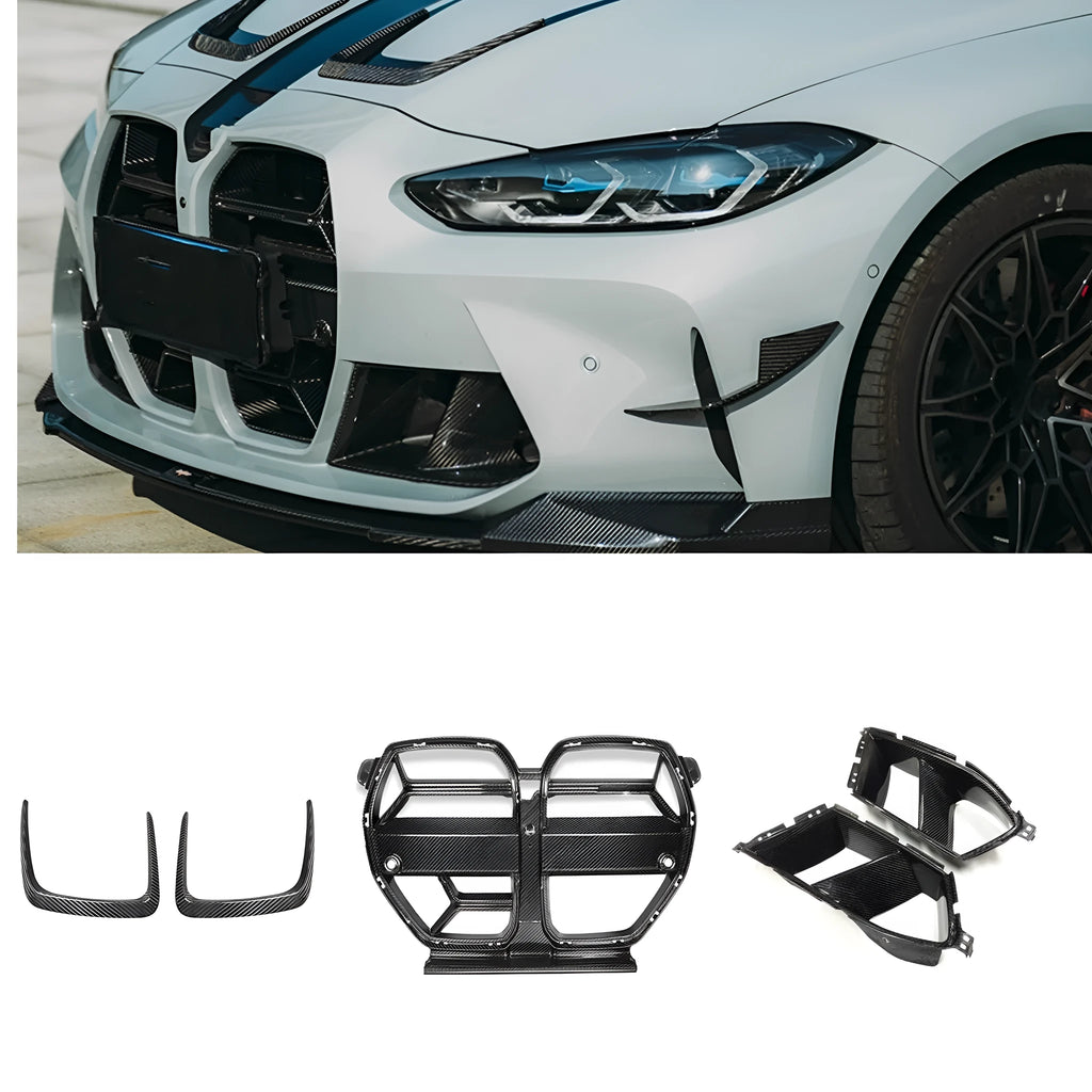 Black dry carbon fibre front bumper grille with 3K weave pattern for BMW M3 M4 G80 G82 models.