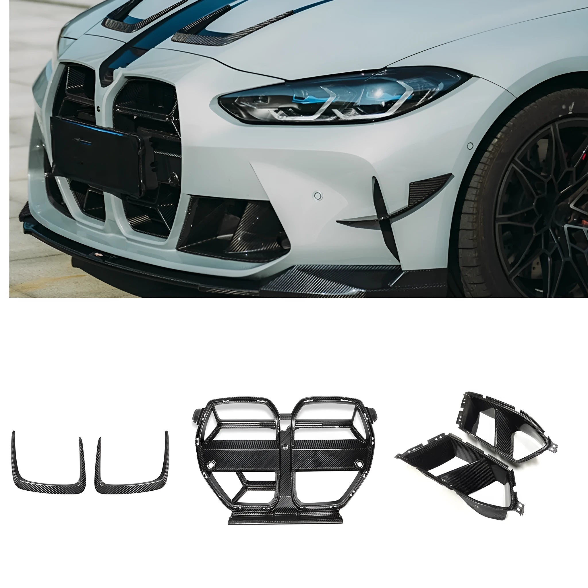Black dry carbon fibre front bumper grille with 3K weave pattern for BMW M3 M4 G80 G82 models.
