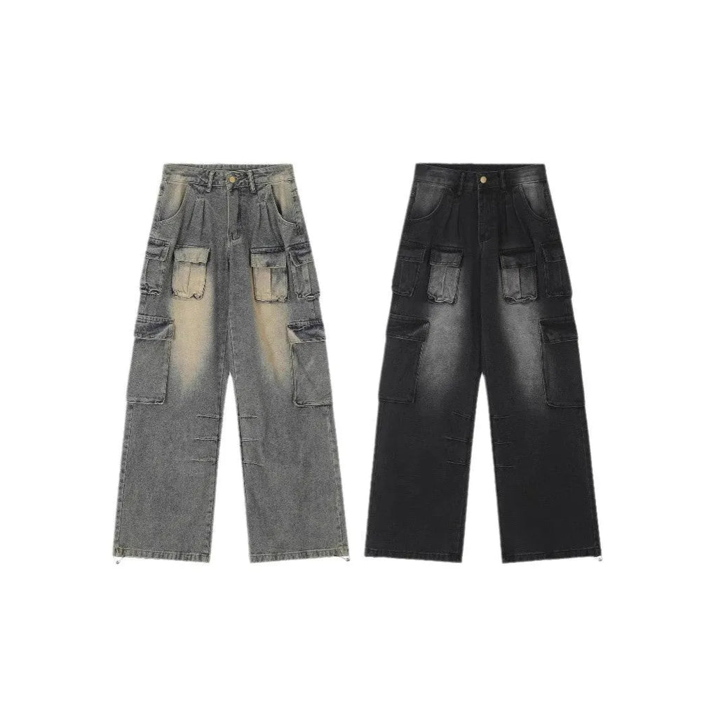 Men's loose fit jeans with multiple pockets in light blue washed distressed denim, street style straight leg