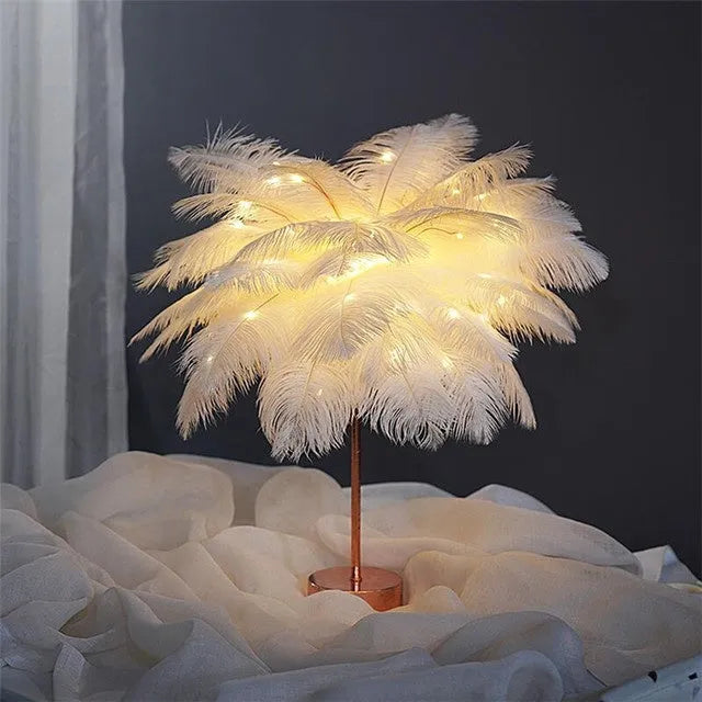 Feather lamp with remote control, USB and battery power, soft night light for bedside or desk