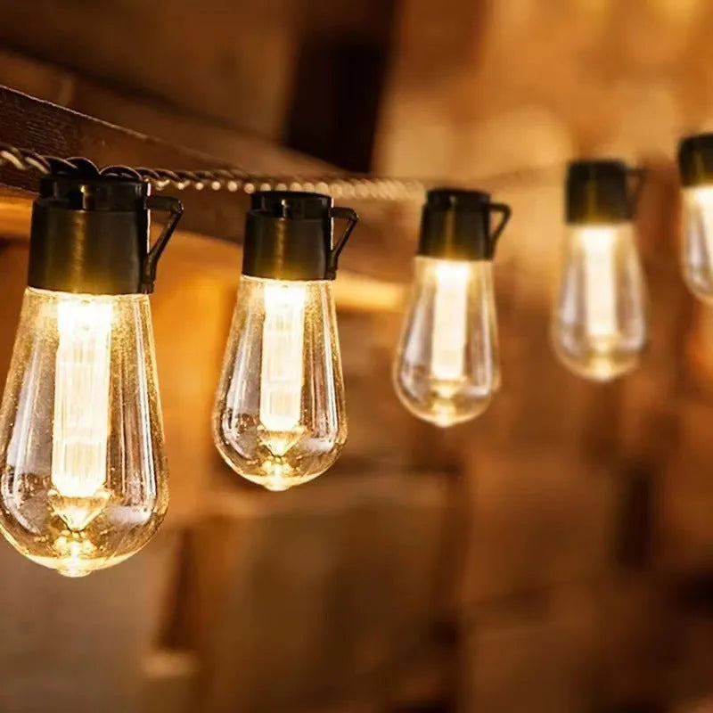 Outdoor solar string lights with retro long bulb infusion bottle shape design