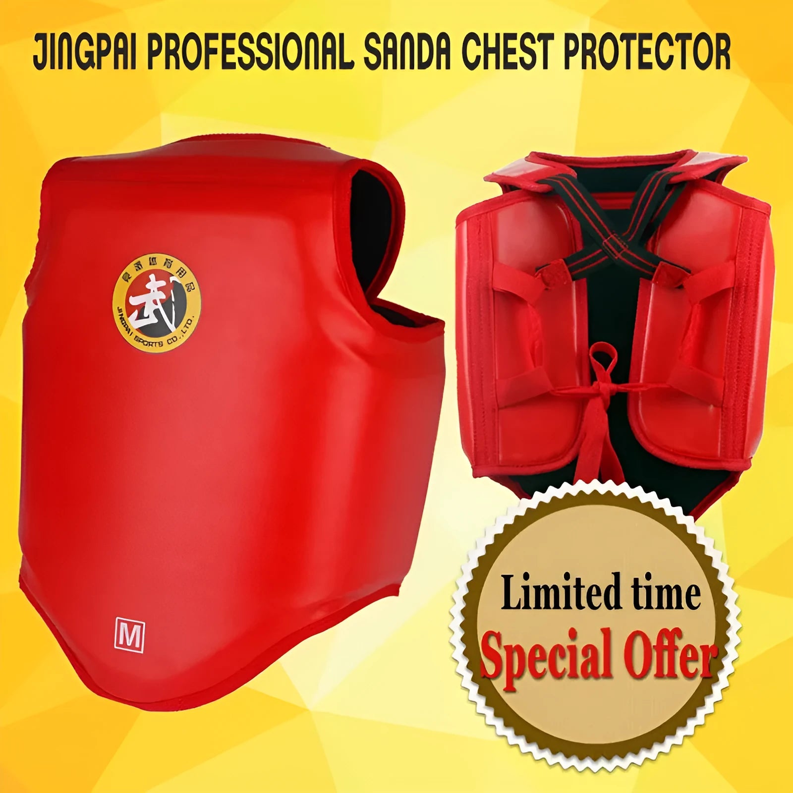 Red adult boxing helmet and one-piece chest protector set for martial arts training