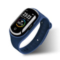 Blue silicone smart bracelet with 1-inch display showing fitness metrics and integrated earphones for wireless calling