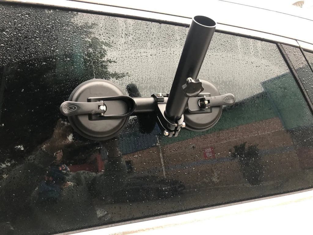 Black car window sucker flagpole mount with heavy rubber suction cup for off-road vehicles