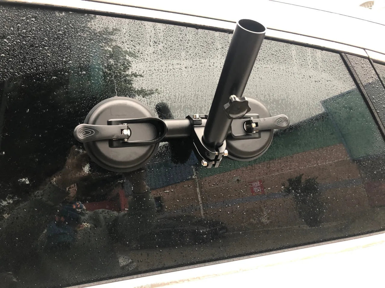 Black car window sucker flagpole mount with heavy rubber suction cup for off-road vehicles