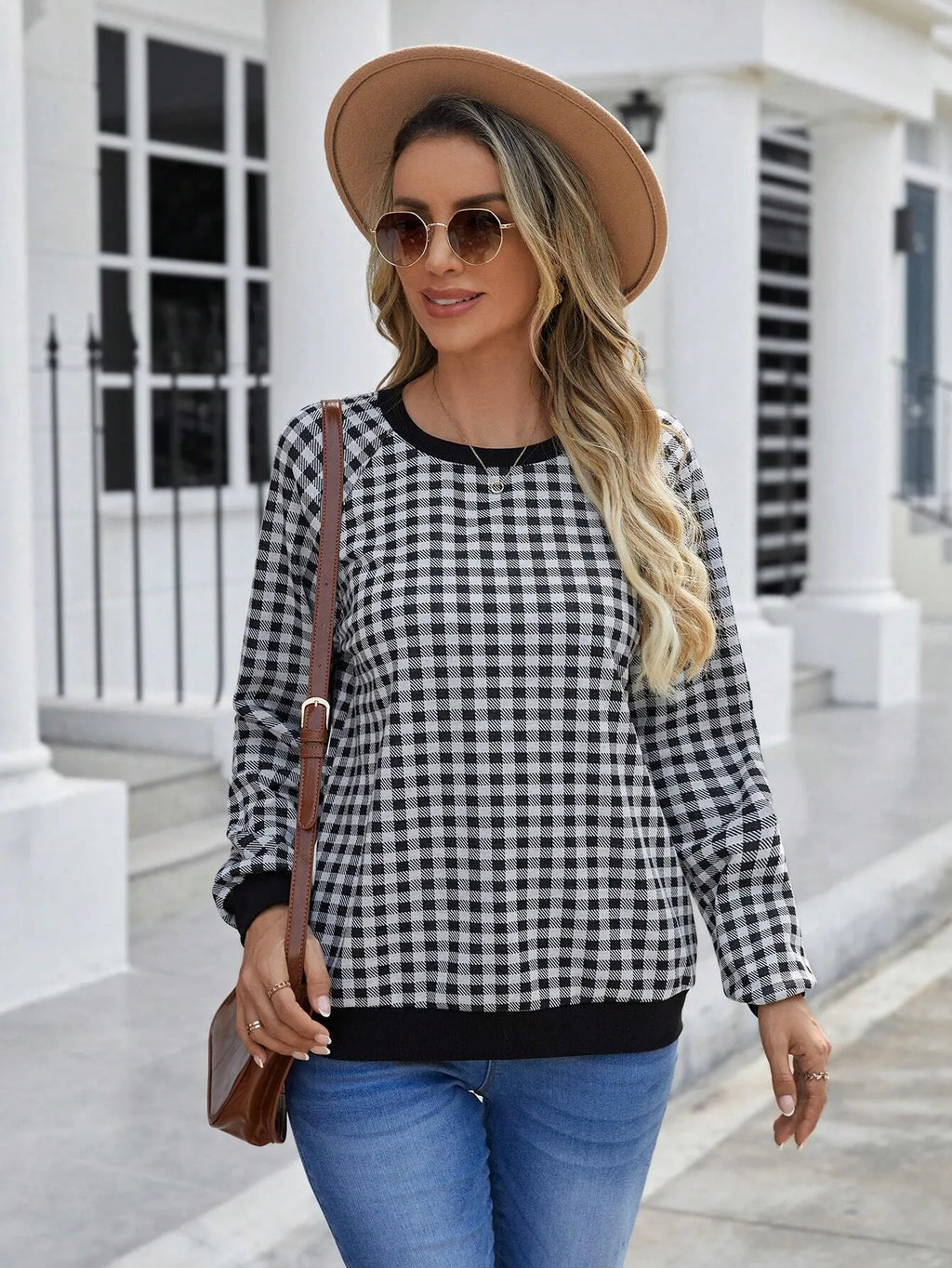 Black Japanese plaid pattern pullover sweater with printed design and long sleeves