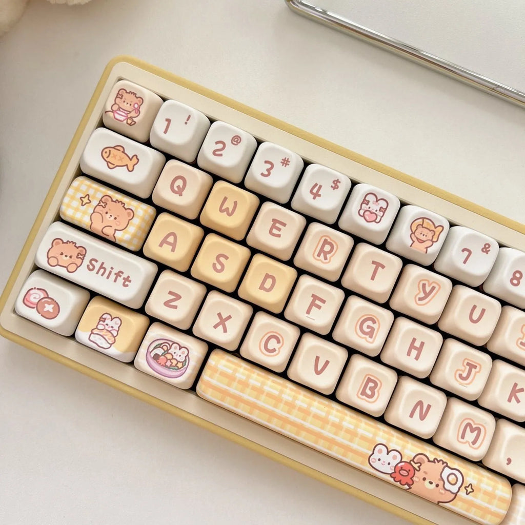 Rabbit Bear Restaurant themed mechanical keyboard keycap set showing 140 PBT plastic keycaps with colourful designs.