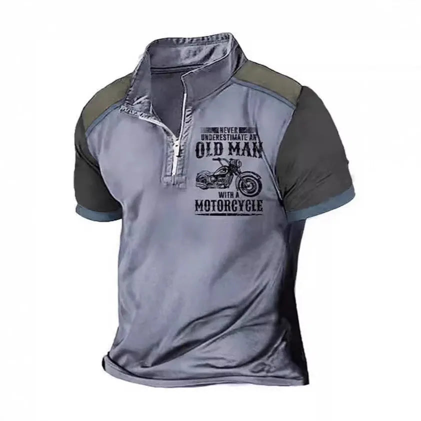 Men's casual polo shirt with lapel collar, digital letter printing, and zipper decorations on short sleeves.