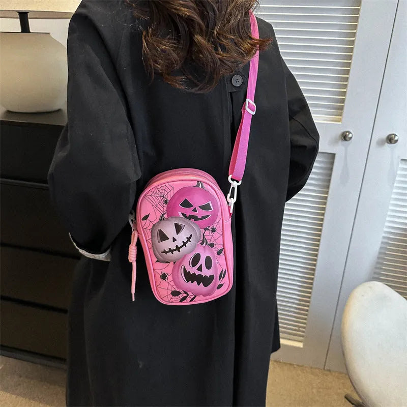 Halloween graffiti print crossbody bag with pumpkin ghost bat design in PU leather