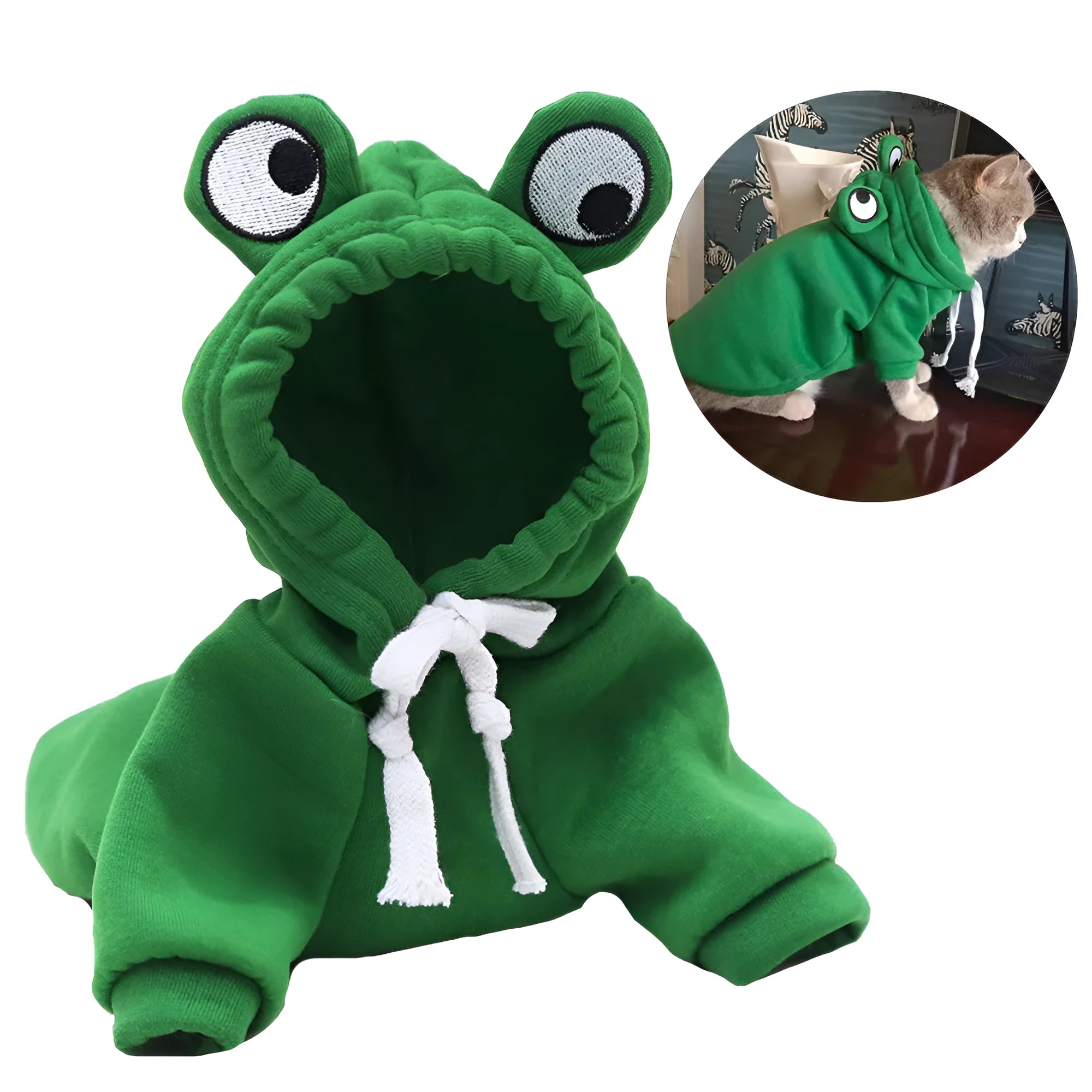 Green frog costume pet hoodie on small dog showing frog pattern design and hood