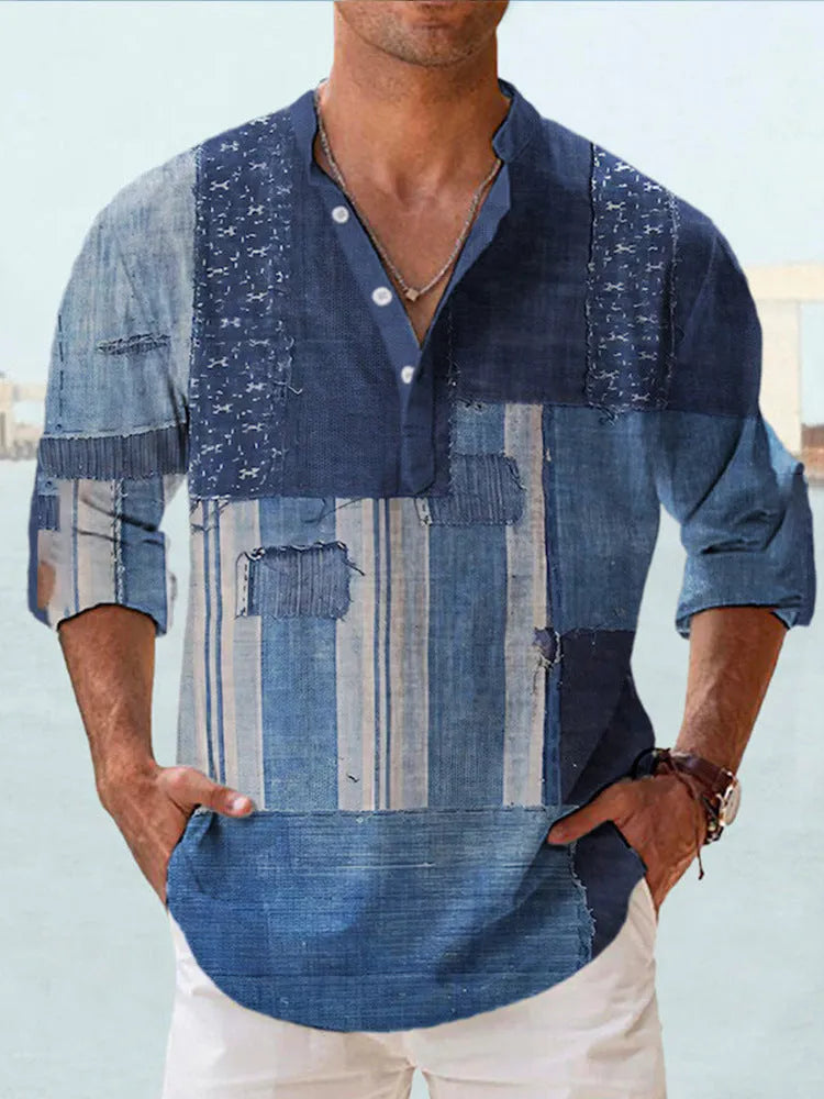 Long sleeve Hawaiian shirt with digital bamboo linen striped pattern in cardigan style