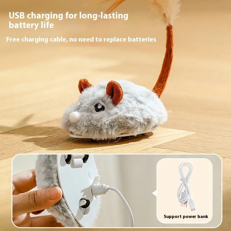 Electric cat toy with plush mouse on pole, available in dark grey, pink or purple colours