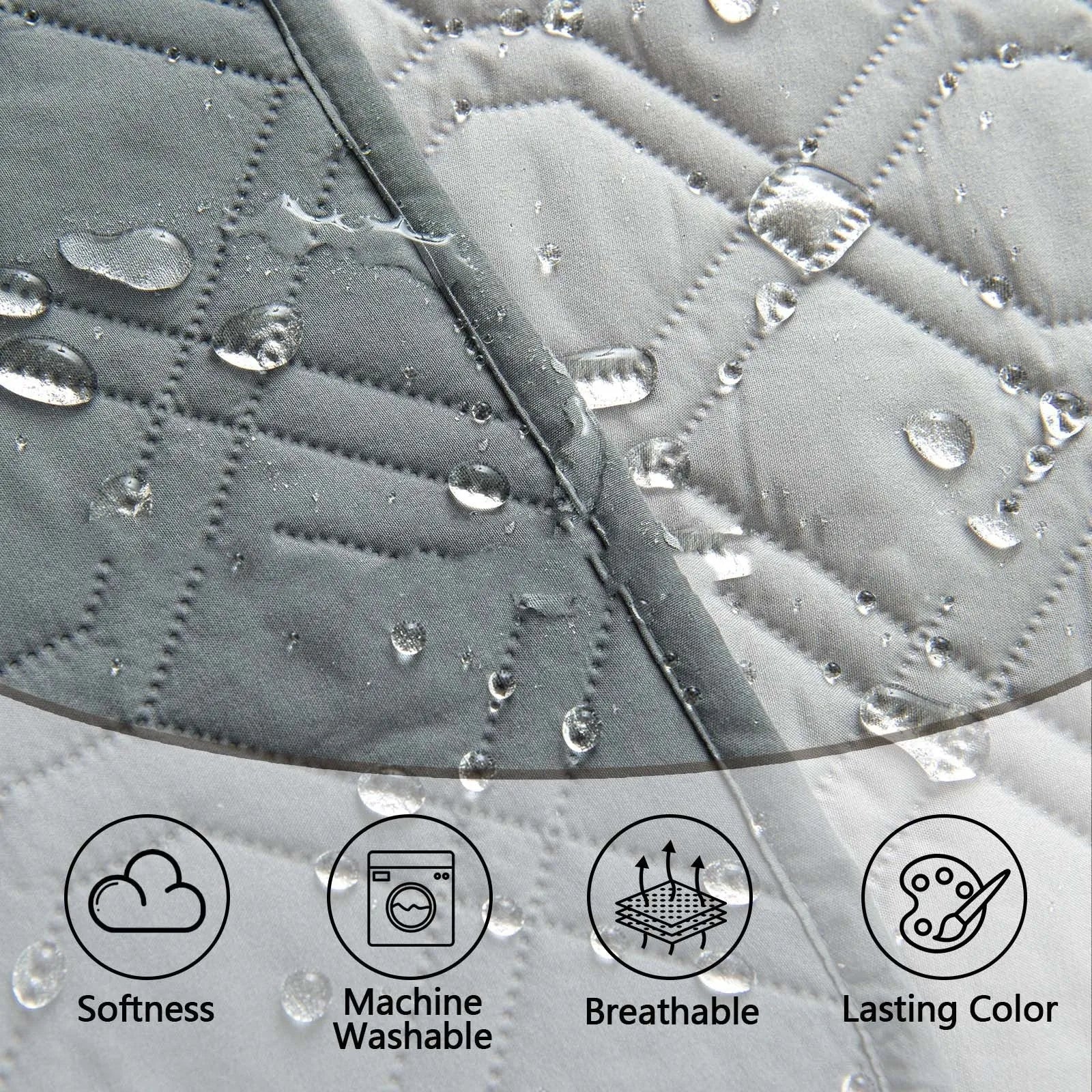 Reversible waterproof dog sofa cushion in dark grey and light grey, shown on a sofa.