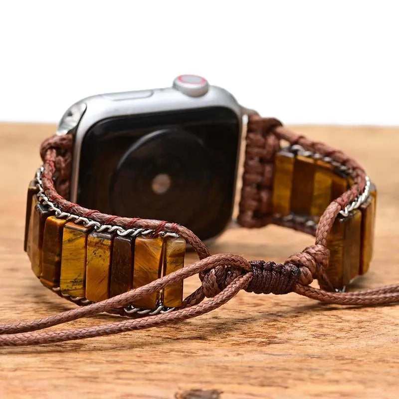 Rectangular tiger eye stone chain watch strap on adjustable textile band for 38-45mm watches