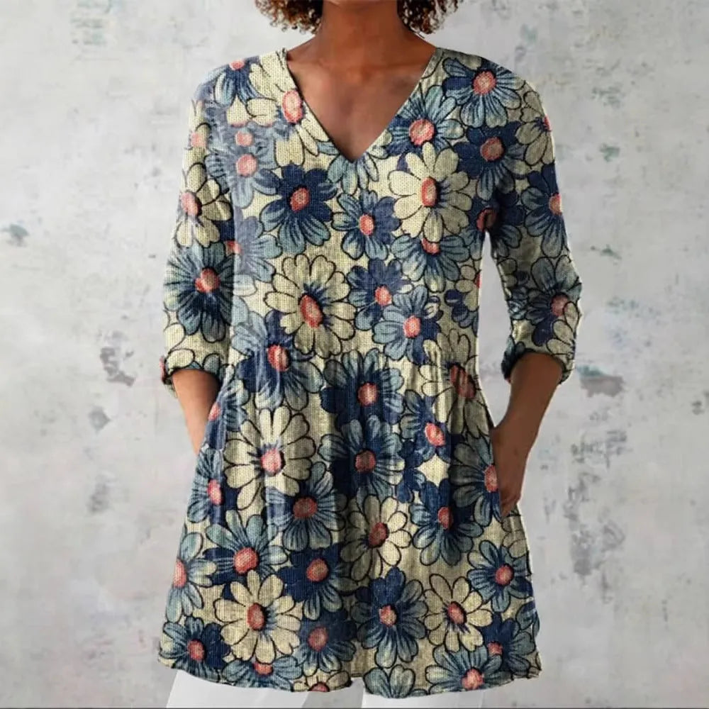 Women's slim fit long-sleeved top with a retro digital print pattern in a colour option.