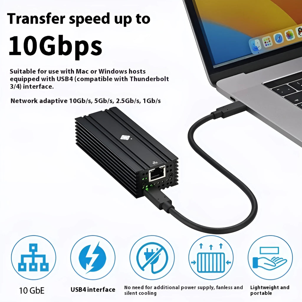 Black USB4 10 Gigabit network adapter with RJ45 port and 20cm cable