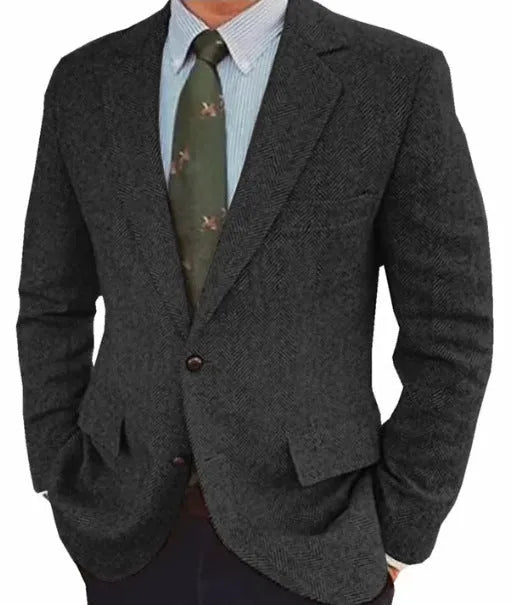 Men's brown herringbone suit jacket with long sleeves and retro business casual styling