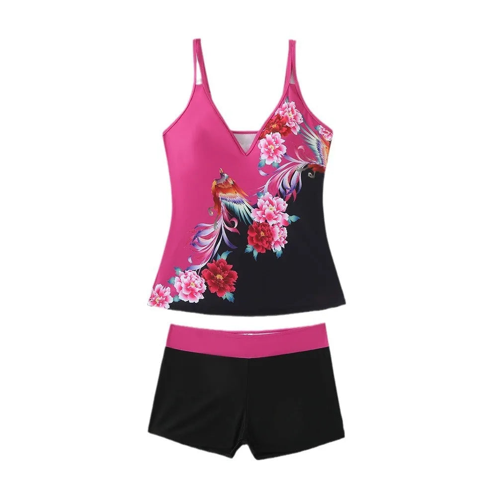 Women's plus size two-piece swimsuit in black or rose red printed colour with cotton lining