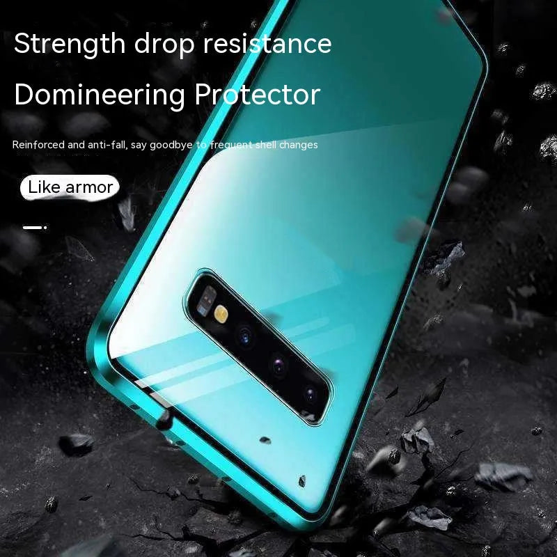 Double-sided glass magnetic metal frame phone case for Samsung, flip style, anti-fall and anti-fingerprint, black colour