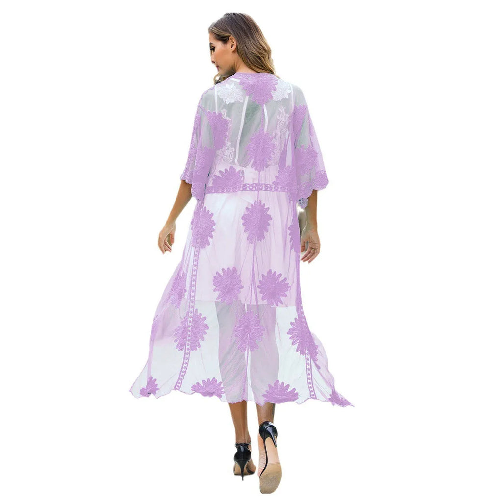 Light purple beach dress with lace embroidery cardigan design for swimming and wading activities