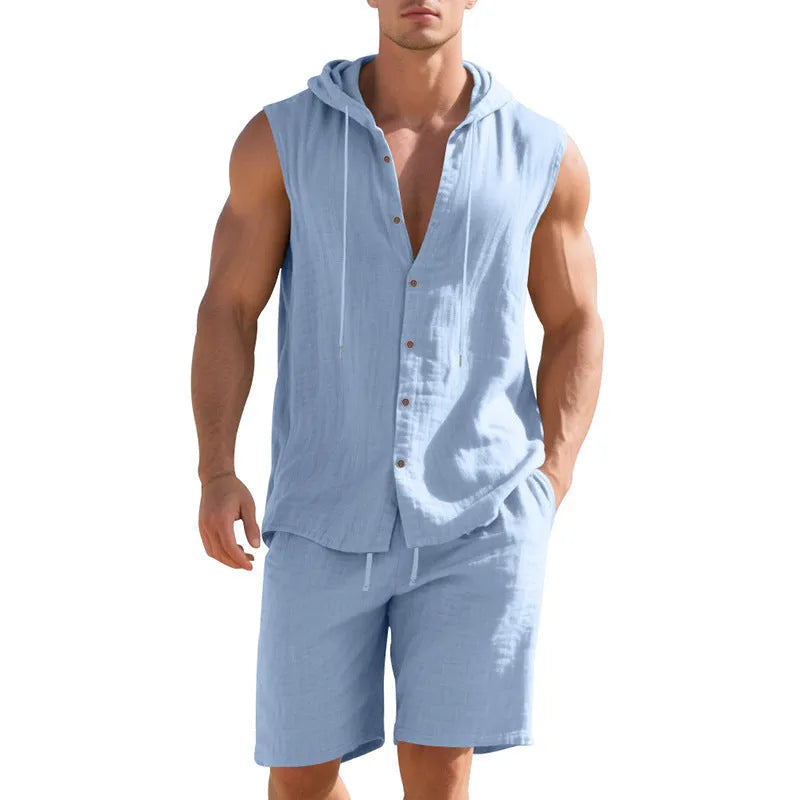 Men's linen sleeveless shirt and shorts suit on a hanger, shown in a light colour.