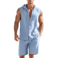 Men's linen sleeveless shirt and shorts suit on a hanger, shown in a light colour.