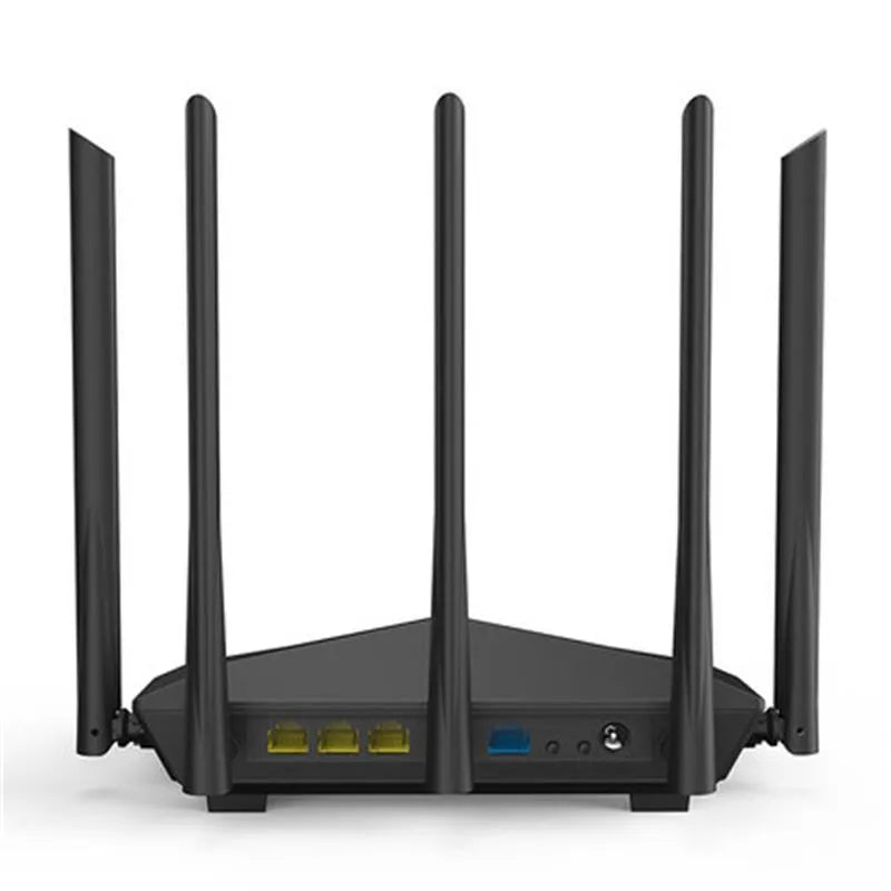 Black TP-Link AC11 Gigabit wireless router showing rear Gigabit Ethernet ports