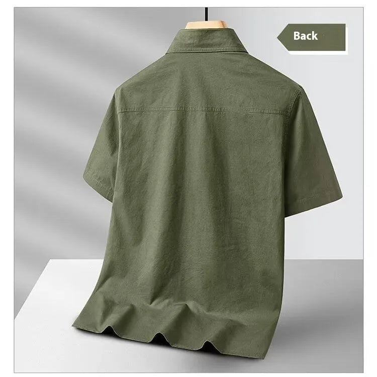Solid colour short sleeve men's cotton blend work shirt, loose fit, available in dark blue