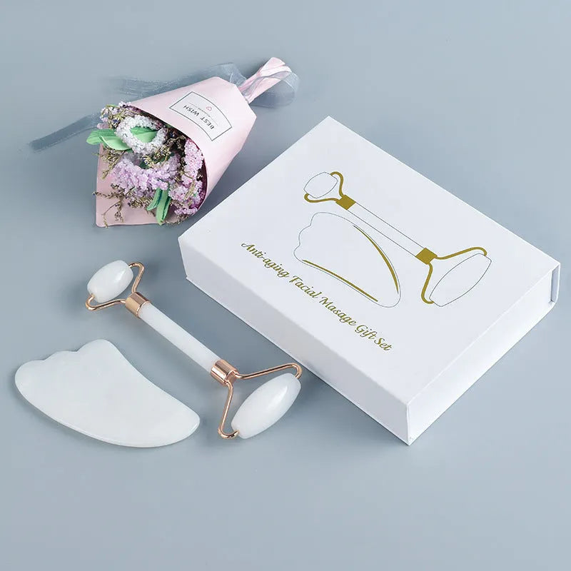White jade roller and claw massage set with storage board for facial and body treatment
