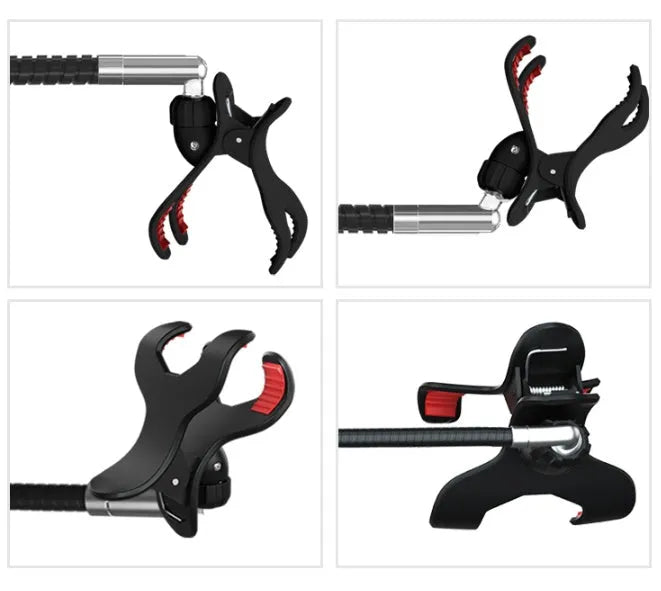 Black mobile phone bracket with universal folder attached to bed frame for hands-free viewing